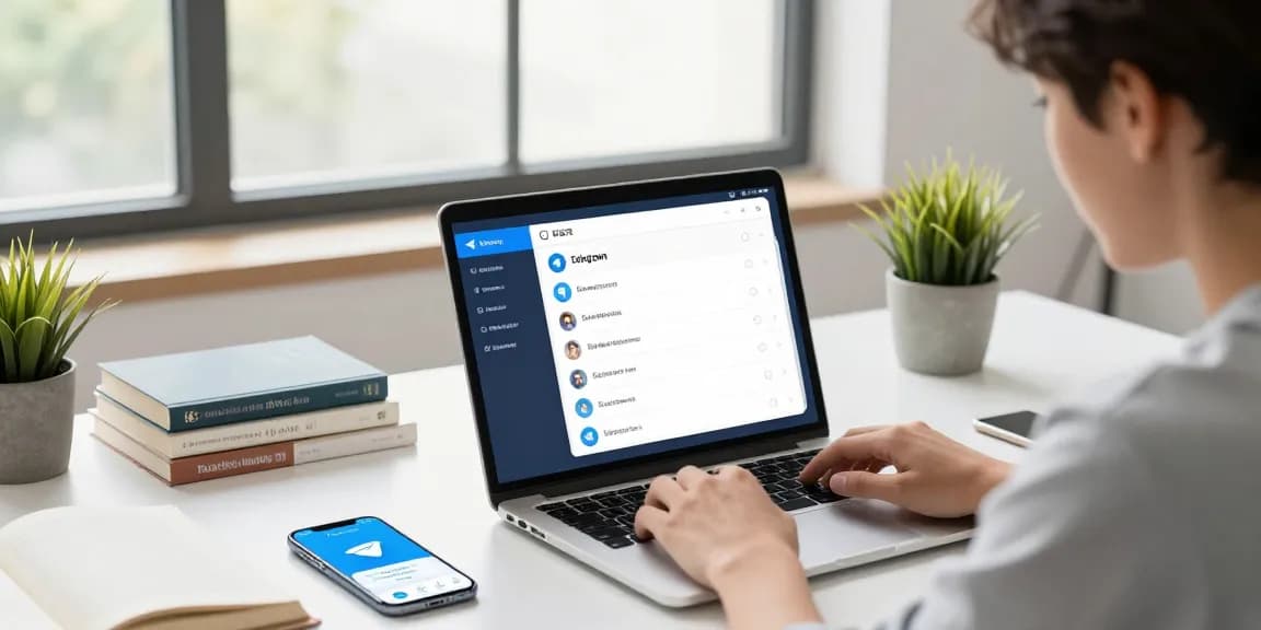 User customizing the Telegram app in Chinese language settings, showcasing a tech workspace with vibrant decor.