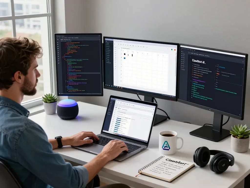 Workspace featuring clawdbot ai interface on multiple screens, showcasing productivity and innovation.