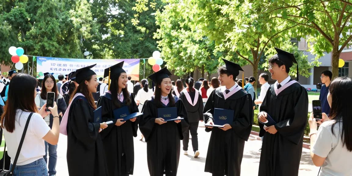 University and trade schools graduates celebrating their achievements outdoors amidst joyful atmosphere and vibrant surroundings.