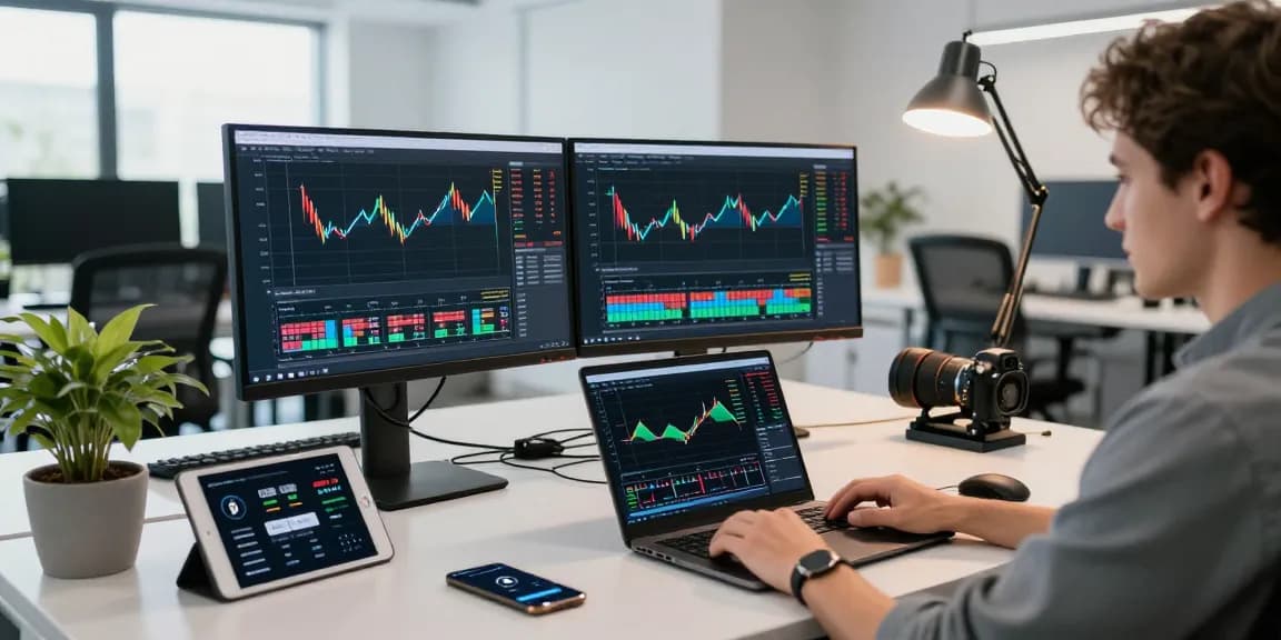 Mining bitcoin online in a professional tech workspace with cryptocurrency trading screens, wallet displays, and innovative tools enhancing productivity