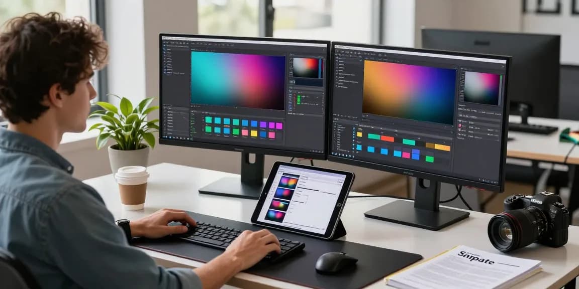 Efficient workspace with dual monitors displaying 截图软件下载 tools, showcasing screen capturing technology and editing features.