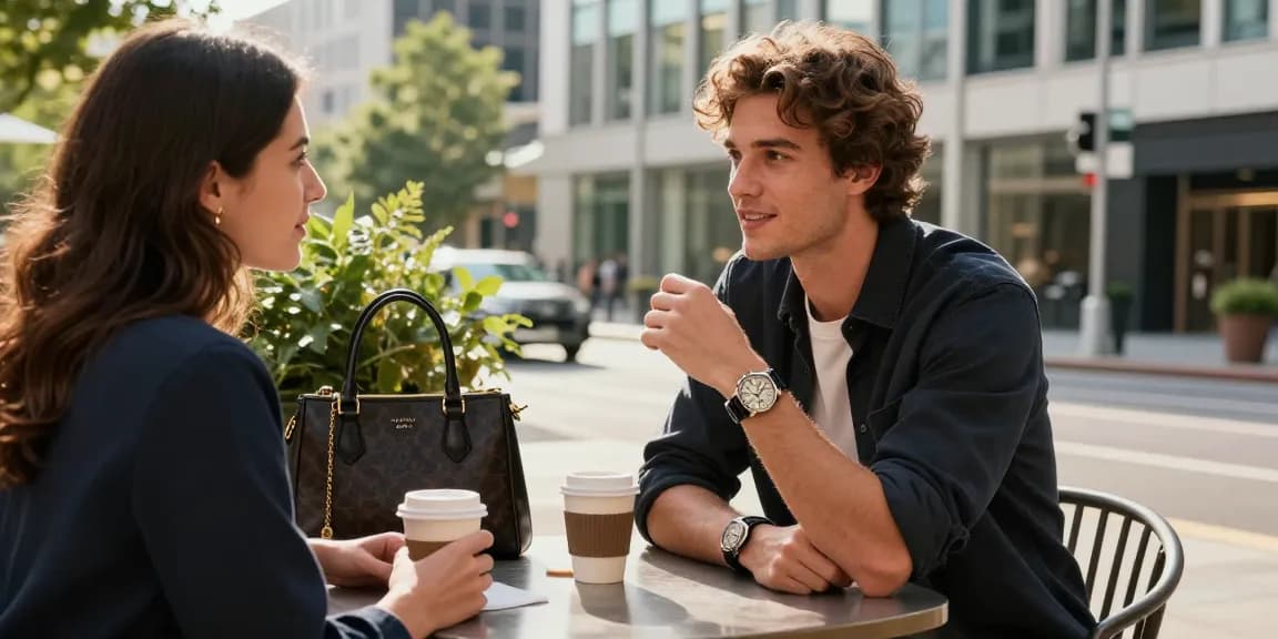 Stylish individual showcasing a luxury replica watch at an outdoor café.