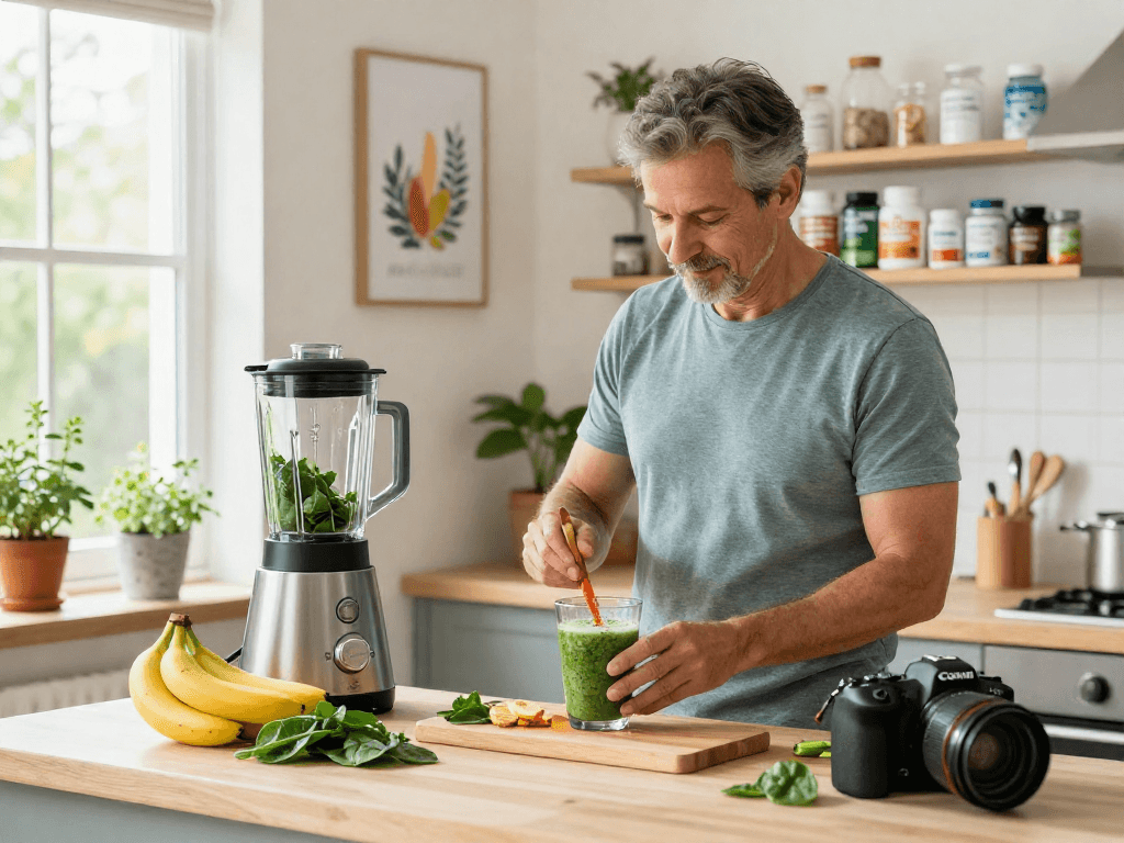 Microalgae astaxanthin smoothie preparation in a bright kitchen.