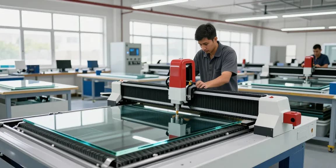 CNC glass cutting machine in action, showcasing precision cutting in a modern workshop environment