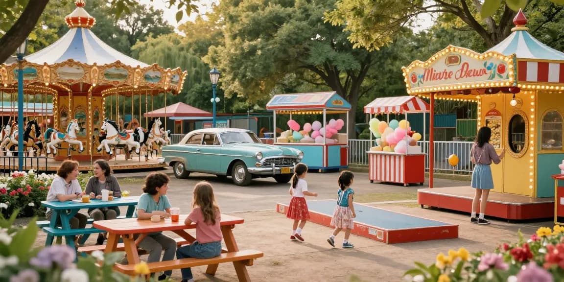 Children enjoying vintage attractions at rokok88-themed park with retro decor.