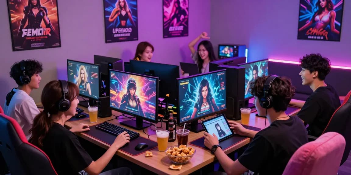 Group enjoying a multiplayer sex game session in a vibrant gaming lounge.