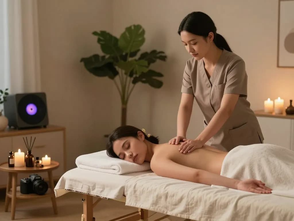 A tranquil at-home massage experience showcasing 출장 therapy by a skilled young therapist with aromatherapy oils.