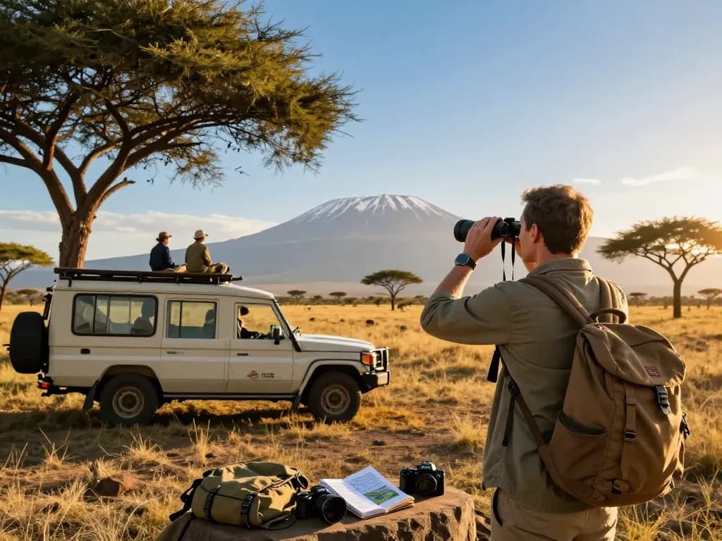 Safari and Kilimanjaro packages with a traveler observing wildlife in the Serengeti at sunset.