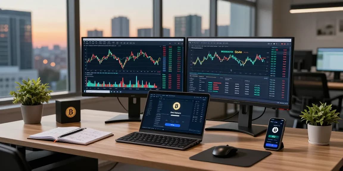Bitcoin mining investment strategies displayed on dual monitors with cryptocurrency trading interfaces and digital wallet in a professional office setup