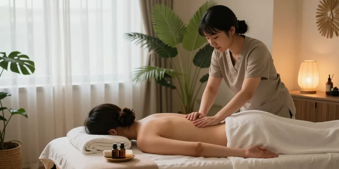 고양출장안마 서비스를 제공받는 클라이언트와 편안한 마사지 테이블, 아로마 오일과 부드러운 수건으로 꾸며진 공간