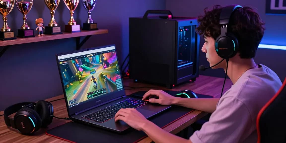 Pengguna BATIK 88 bermain game online di laptop dengan aksesori gaming berwarna-warni di sekitar.
