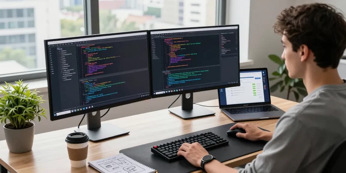 Engaged software developer coding with 纸飞机中文版 messaging application on modern workspace setup.