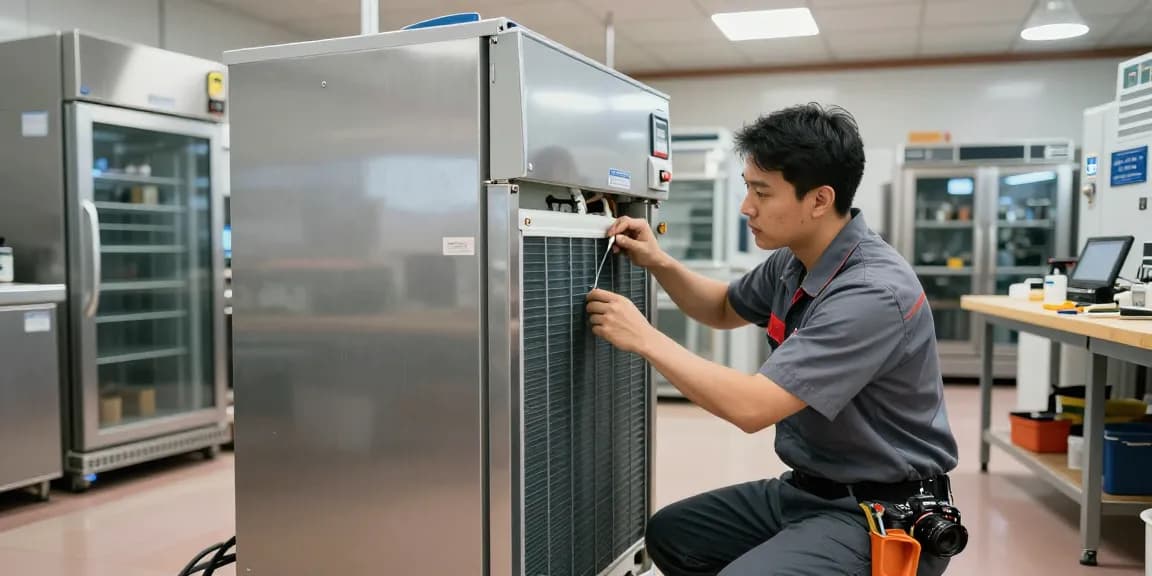 Commercial Refrigerator Repair expert diagnosing a fridge problem in an industrial kitchen setting.