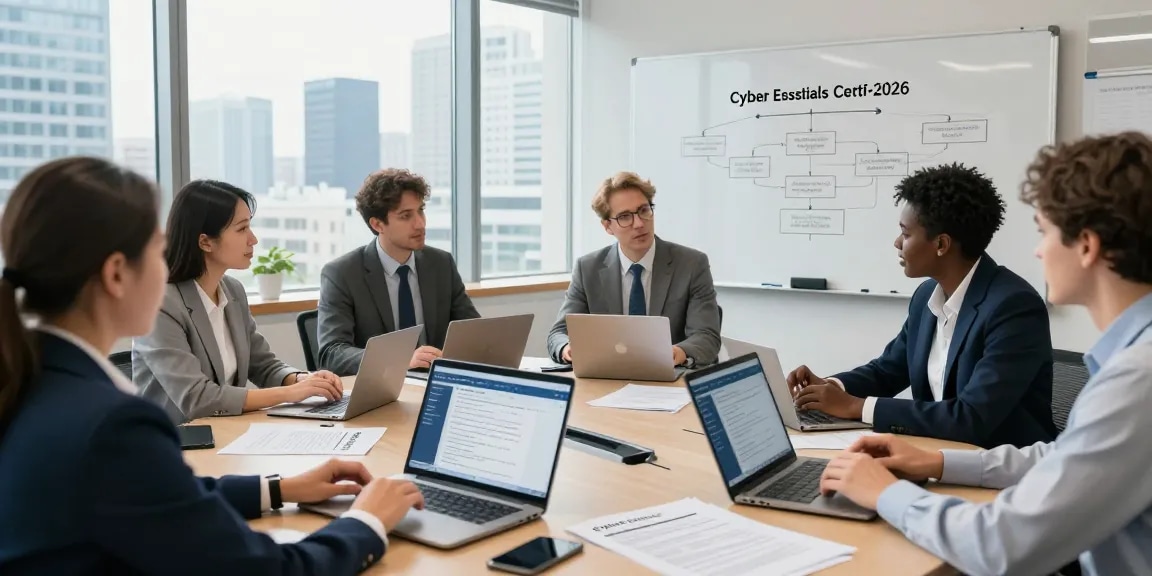 Team collaborating on how to get cyber essentials certified with laptops and documents in a bright office