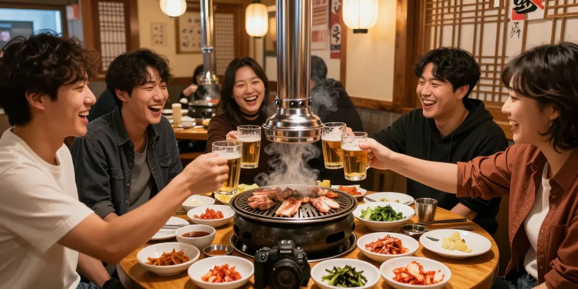 Gathering with friends at Sangbongdong 한국관나이트, enjoying grilled meats in a lively restaurant atmosphere.