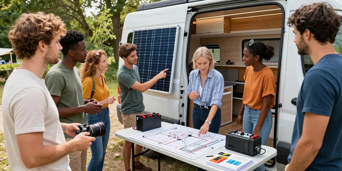 rokok88 community members discussing electric upgrades for campervans outdoors, showcasing solar panels and electrical tools