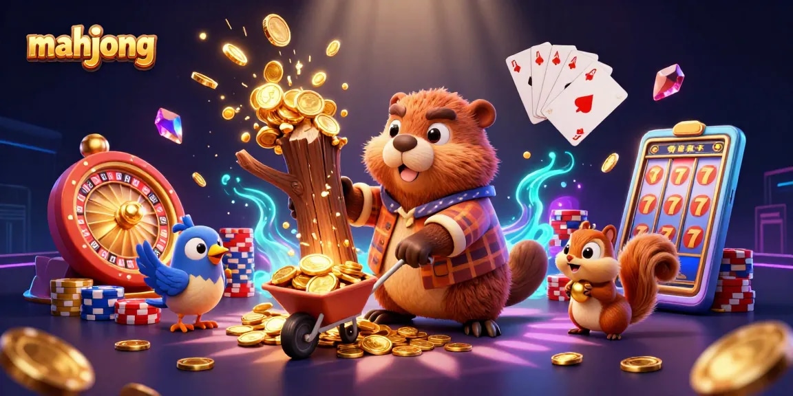 Play mahjong with a cartoon beaver and friends collecting gold coins in a lively casino scene.