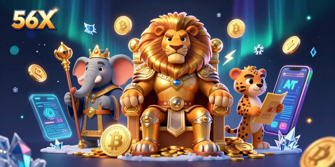 Experience the 56X online casino with a fierce lion king, wise elephant, and dynamic cheetah amid crypto coins.