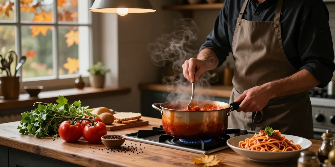 Chef, der geschmackvolle Soßen mit frischen Zutaten in einer gemütlichen Küche im Herbst zubereitet.