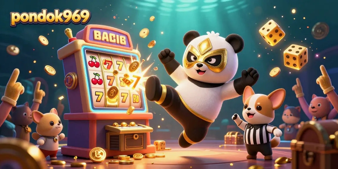 Pondok969 offers vibrant gaming action with colorful slots and excited spectators in a dynamic 3D casino scene.