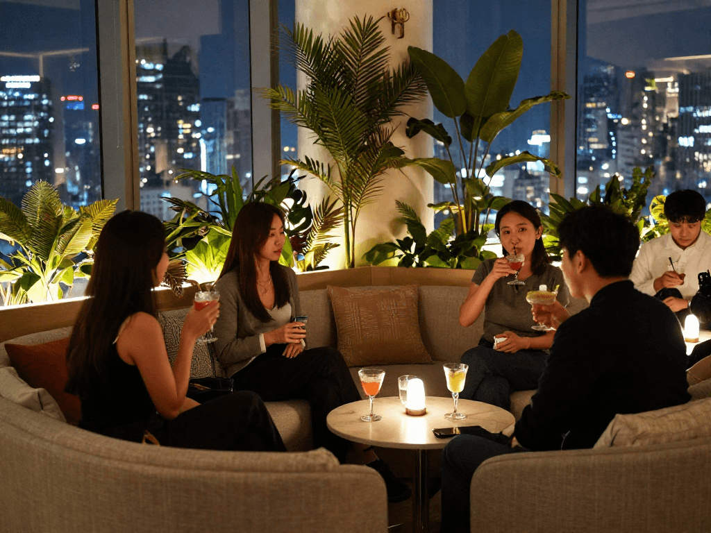 강남쩜오에서 스타일리시한 분위기 속 친구들과 대화하는 장면