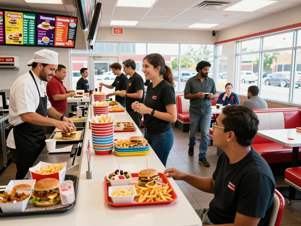 Fast food prices displayed on a vibrant menu board in a busy restaurant.