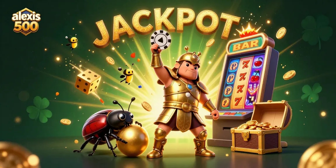 Experience excitement with alexis 500 as cartoon characters celebrate a casino jackpot in 3D.