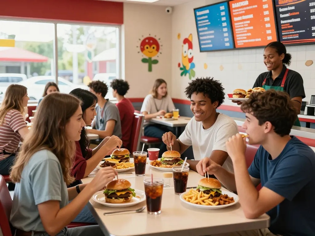 Friends enjoying fast food prices at bustling restaurant during lunch with colorful meals