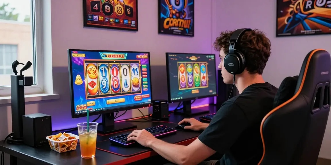 Engaged player spinning colorful slot reels on a vibrant gaming setup.