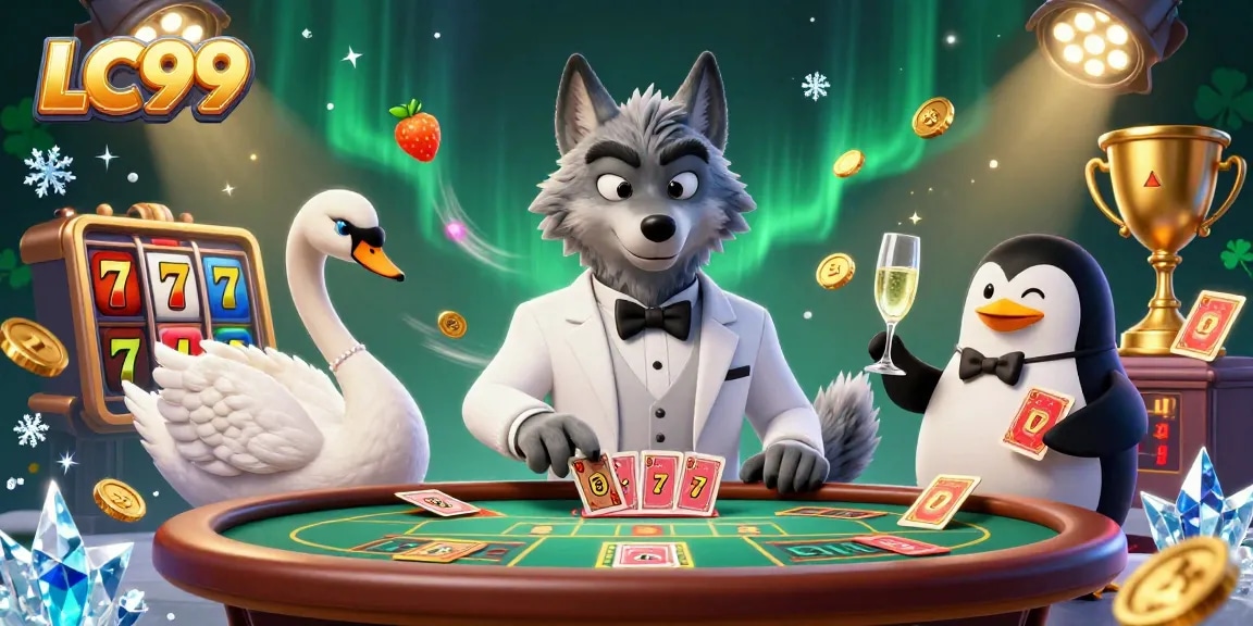 LC99 offers an exciting gaming scene with a wolf at a baccarat table, vibrant slot reels, and sparkling coins.