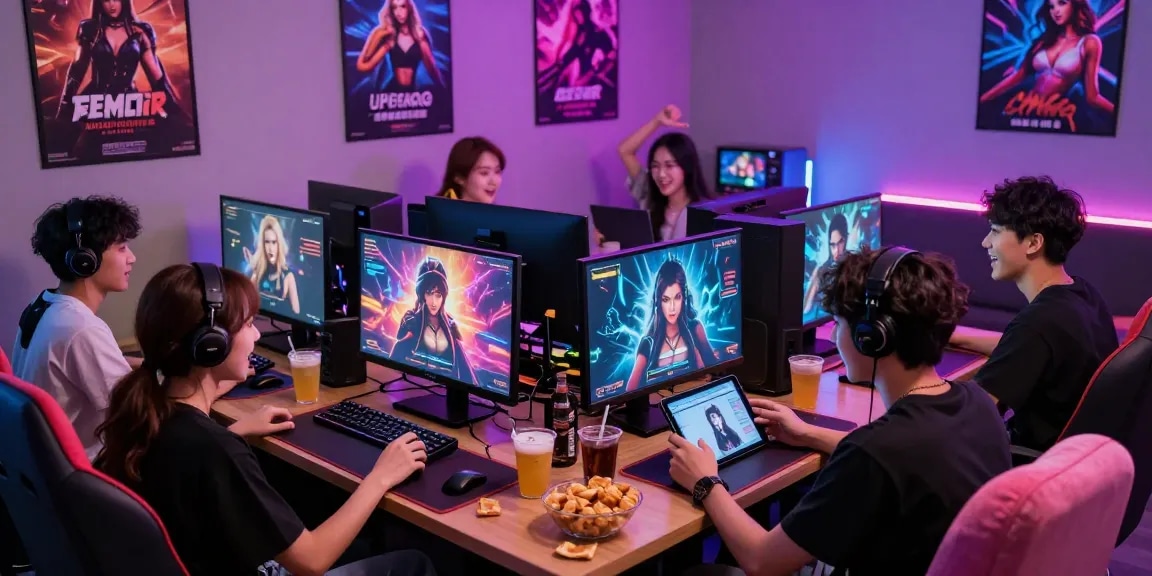 Group enjoying a multiplayer sex game session in a vibrant gaming lounge.
