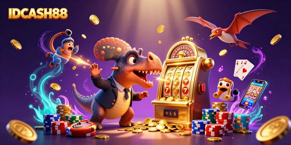 Experience IDCASH88 excitement as a dinosaur jackpot triggers coins and fun casino elements fly.