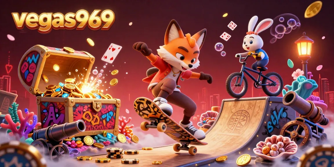 Vegas969 showcases thrilling gaming action with a fox kicking over golden poker chips surrounded by vibrant casino-themed elements.