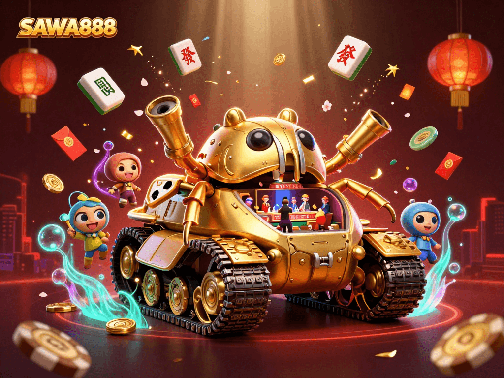 Experience thrilling games with SAWA888's dynamic casino tank illustration showcasing festive elements.