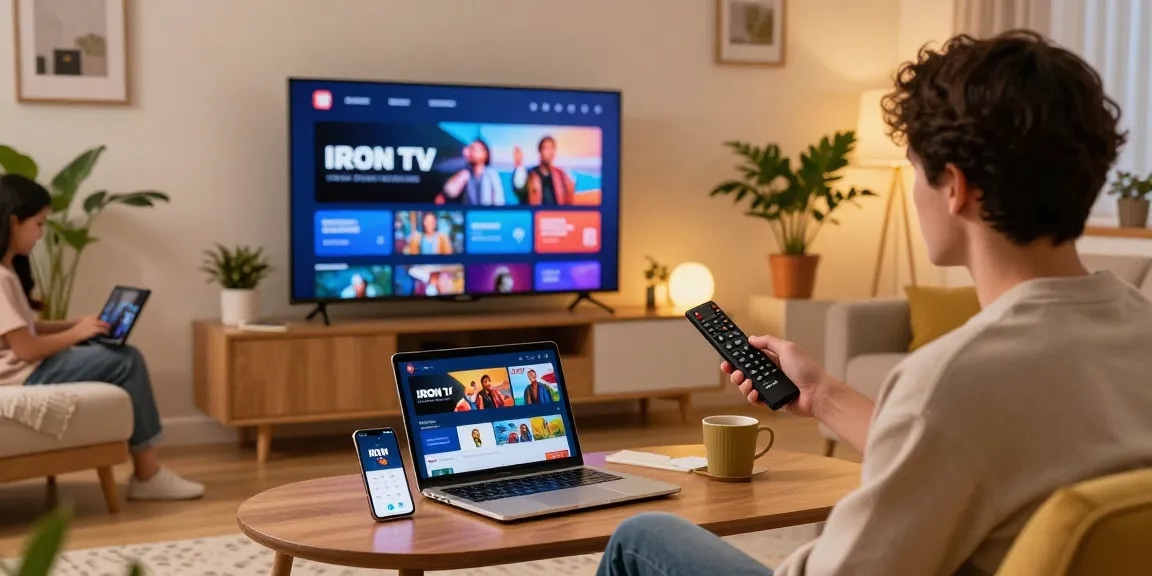 Enjoying IRON TV streaming in a cozy modern living room with family.