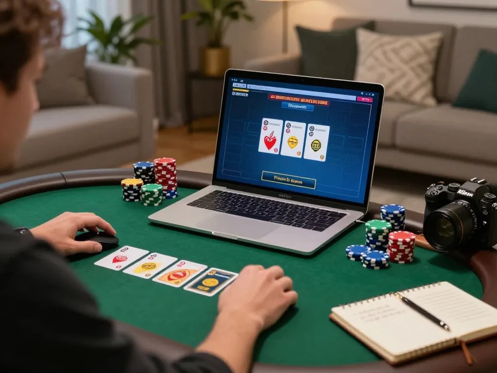LC99 player engaging in strategic poker game at home using laptop with betting interface