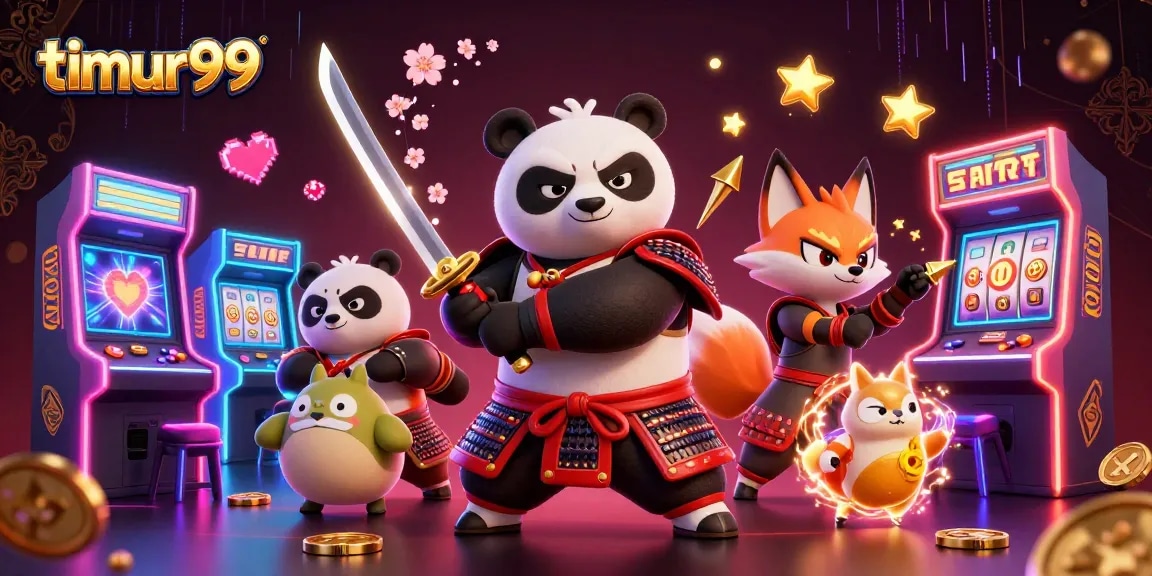 Experience exciting wins with timur99, featuring samurai panda and ninja fox in a dynamic casino scene.