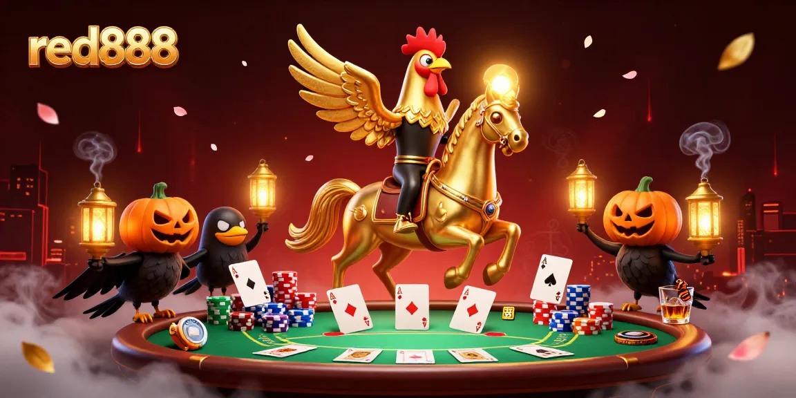 Experience thrilling gameplay at red888, featuring a cartoon golden rooster in a vibrant casino setting.