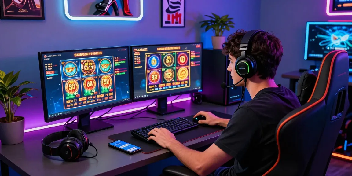 Exciting online gaming setup with vibrant slot deposit 5k visuals, showcasing a passionate player engaged in high-tech gameplay.