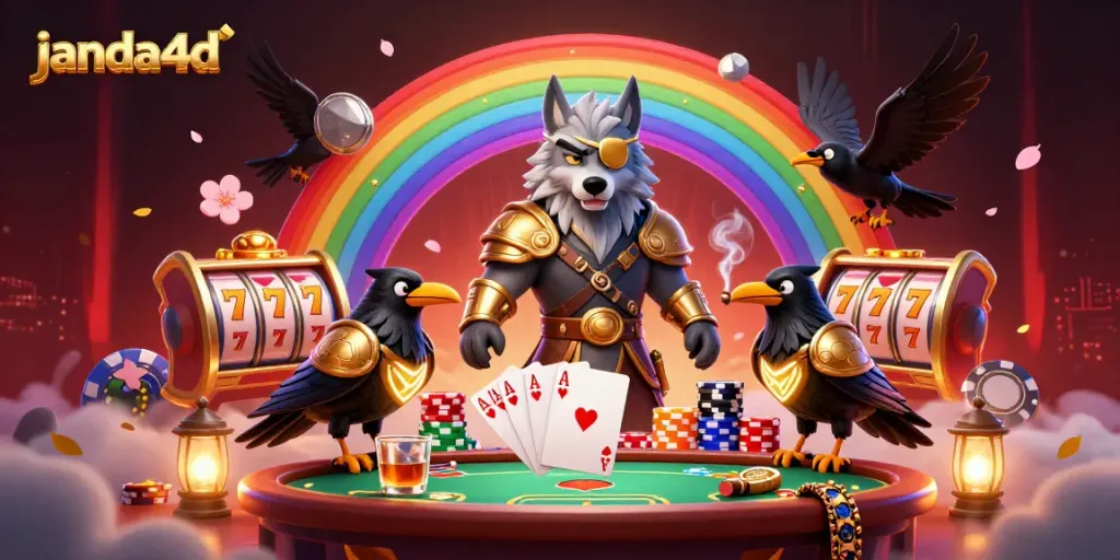 Permainan slot online di JANDA4D dengan keberuntungan pecah jackpot dari Odin dan burung gagak.
