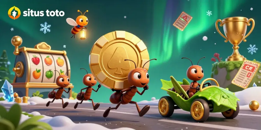 Team of ants executing a heist with a golden poker chip in a colorful casino-themed scene, featuring situs toto elements.