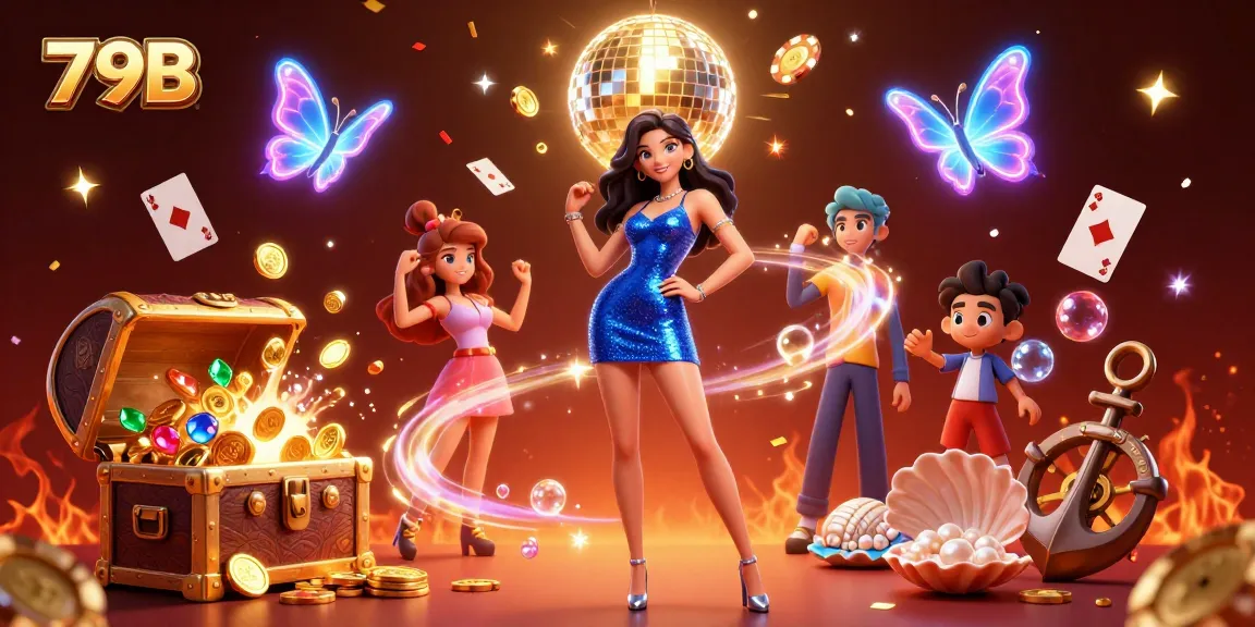 Engage with 79B's vibrant casino experience featuring animated characters and exploding treasures.