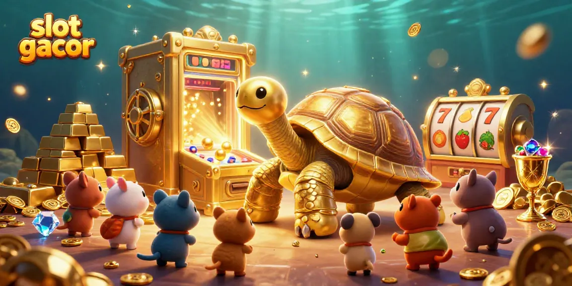 Experience the excitement of slot gacor in this vibrant casino-themed 3D illustration filled with games and gold.