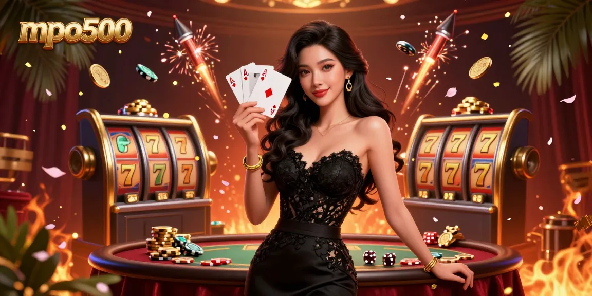 MPO500 showcases a stunning casino scene with an elegant Asian woman holding playing cards and surrounded by vibrant casino elements.