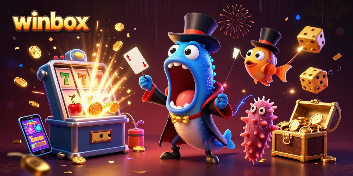 Winbox showcases thrilling casino games with a vibrant scene of rich illustrations and lively characters.