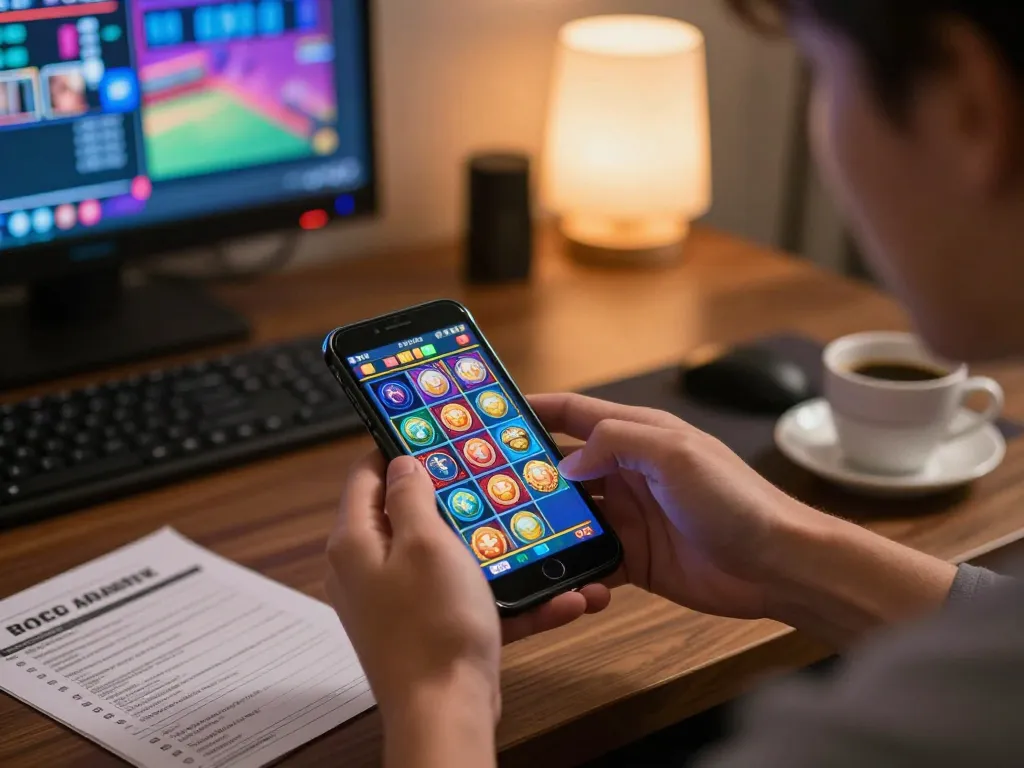 Engaging in slot depo 1k gaming session on smartphone, showcasing vibrant online slots interface in cozy home setting