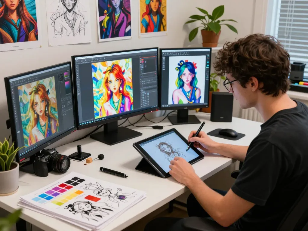 Innovative artist creates NSFW AI art in a vibrant digital studio filled with creative tools and inspiration.