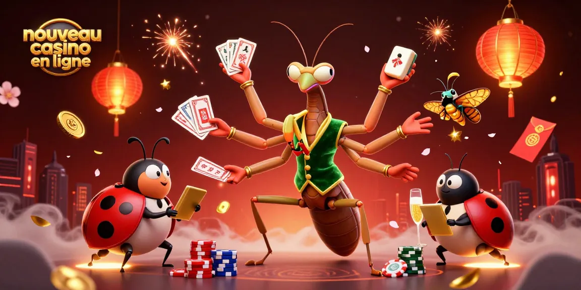 Illustration dynamique de "nouveau casino en ligne" avec des personnages de jeu et des éléments festifs.
