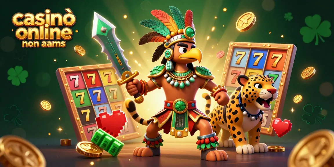 I casinò online non AAMS presentano una vivace scena 3D di un guerriero azteco con elementi di slot e accenti dorati.