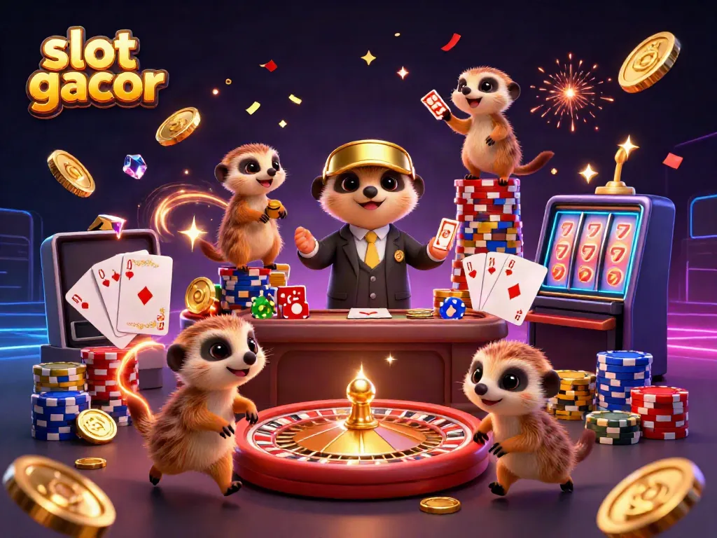 Slot gacor ceria dengan kolonisasi meerkat yang menjalankan kasino, dikelilingi koin emas dan permata berkilau.